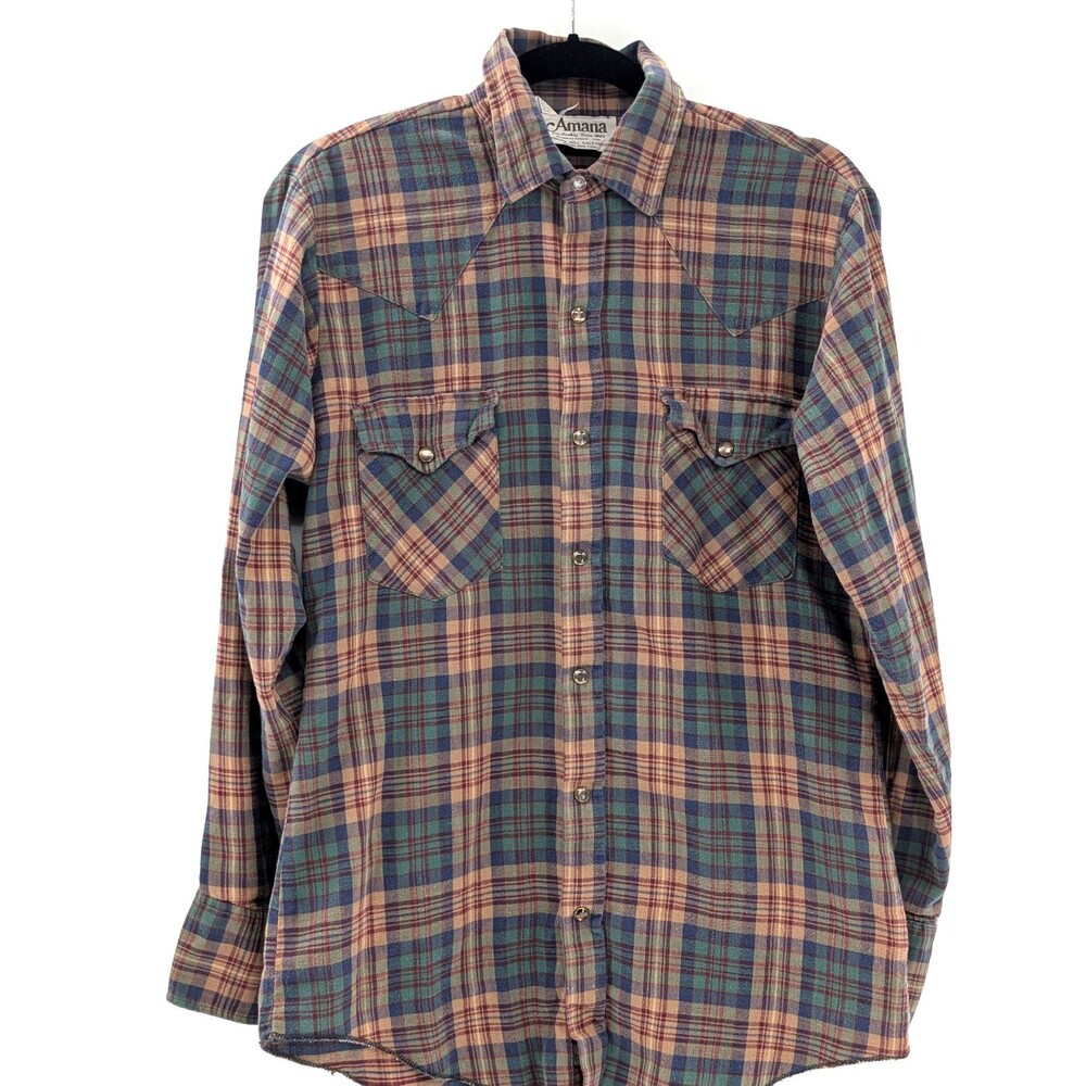 Amana Woolen Mills Vintage Brown Plaid Long Sleeve Flannel Shirt 15-15.5 Med